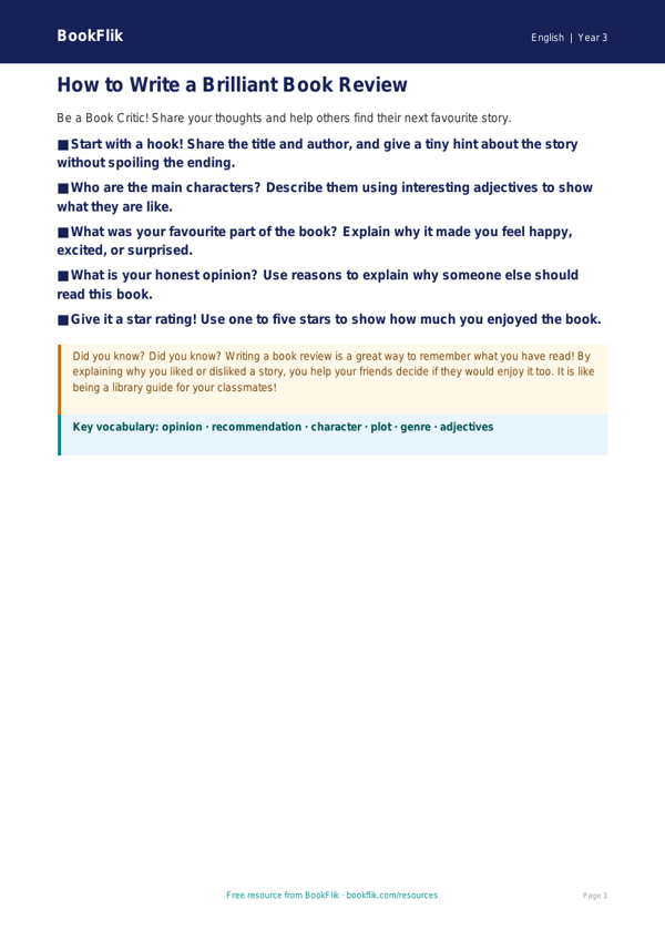 Free Book Review Poster | Year 3 | English | BookFlik worksheet preview — English Book Review