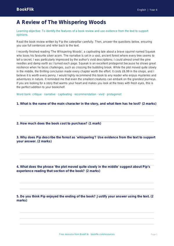 English book review comprehension year 4 greater depth worksheet preview — English Book Review