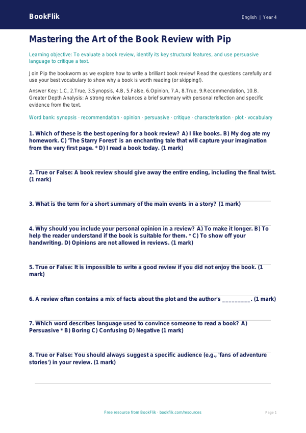 Free Book Review Quiz | Year 4 | English | BookFlik worksheet preview — English Book Review