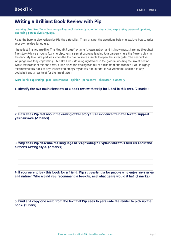 Free Book Review Track Sheet | Year 5 | English | BookFlik worksheet preview — English Book Review