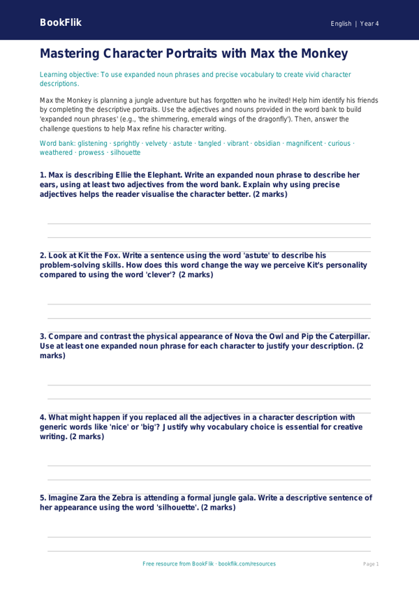 Free Character Description Activity Sheet | Year 4 | English | BookFlik worksheet preview — English Character Description