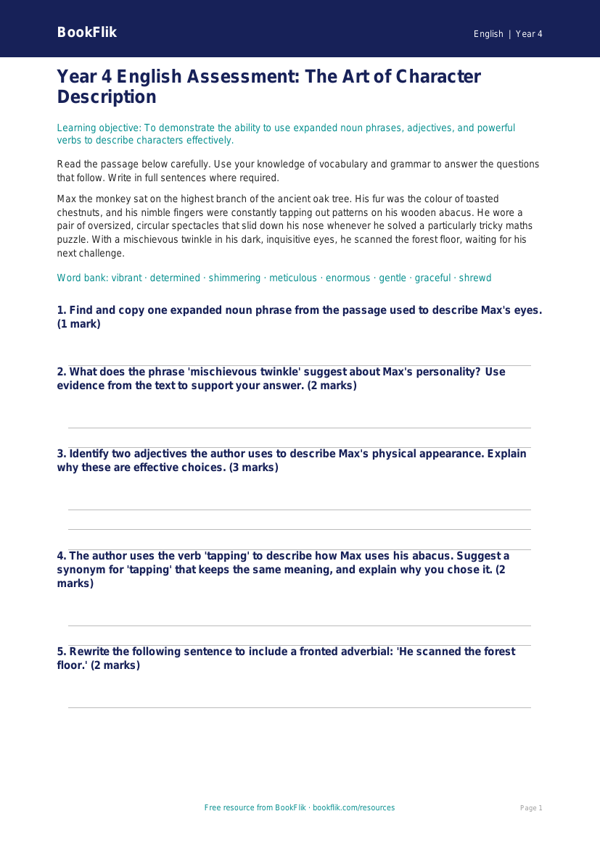 Free Character Description Assessment | Year 4 | English | BookFlik worksheet preview — English Character Description