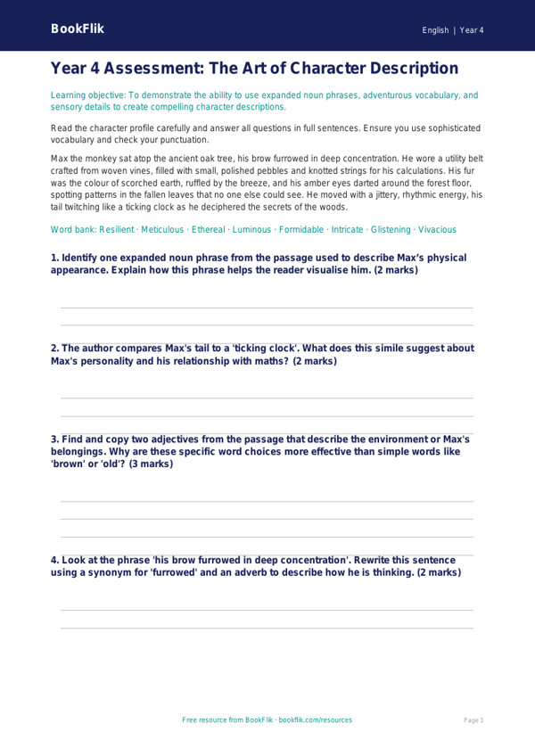 Free Character Description Assessment | Year 4 | English | BookFlik worksheet preview — English Character Description