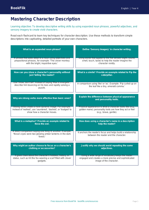 Character Description Flashcards for Year 4 | Australian Curriculum English worksheet preview β English Character Description
