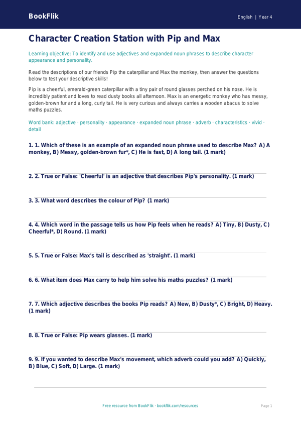 Free Character Description Quiz | Year 4 | English | BookFlik worksheet preview — English Character Description