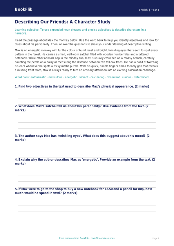Free Character Description Track Sheet | Year 4 | English | BookFlik worksheet preview — English Character Description