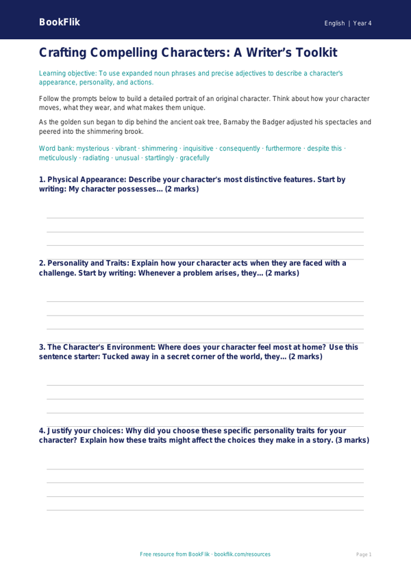 Free Character Description Writing Frame | Year 4 | English | BookFlik worksheet preview — English Character Description