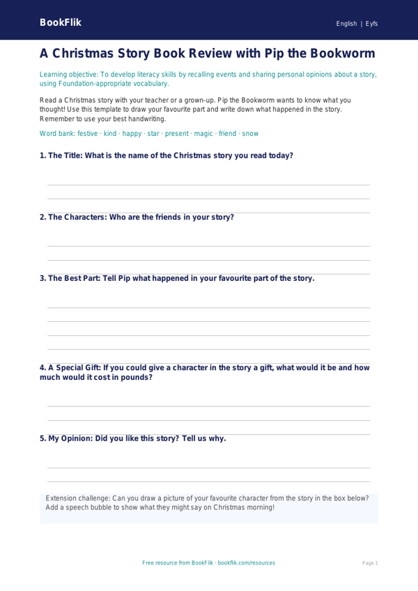 Free Christmas Story Template | Foundation | English | BookFlik worksheet preview — English Christmas Story