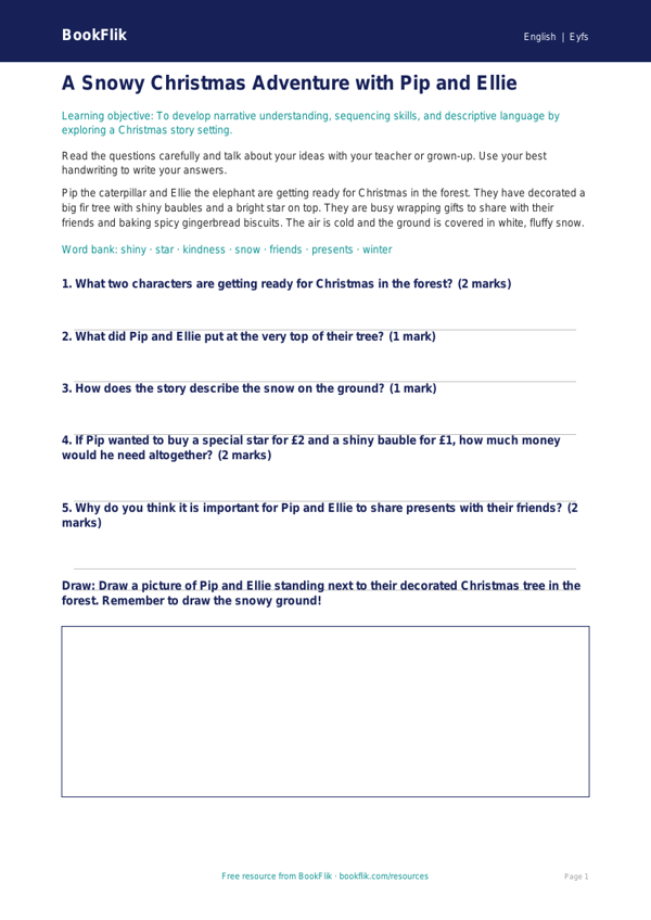 Free Christmas Story Worksheet | Foundation | English | BookFlik worksheet preview — English Christmas Story