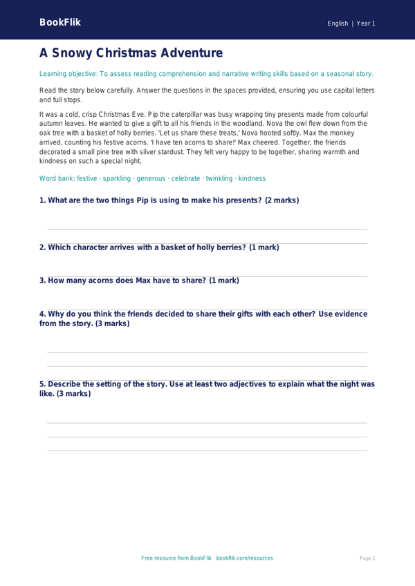 Free Christmas Story Assessment | Year 1 | English | BookFlik worksheet preview — English Christmas Story