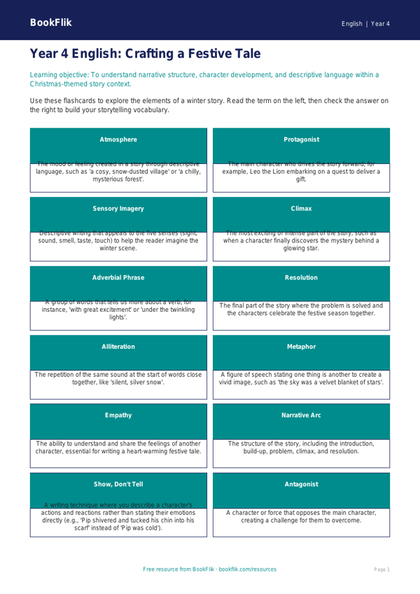 Free Christmas Story Flashcards | Year 4 | English | BookFlik worksheet preview — English Christmas Story