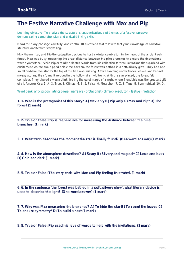 Christmas Story Quiz for Year 4 | English Literacy | BookFlik worksheet preview — English Christmas Story
