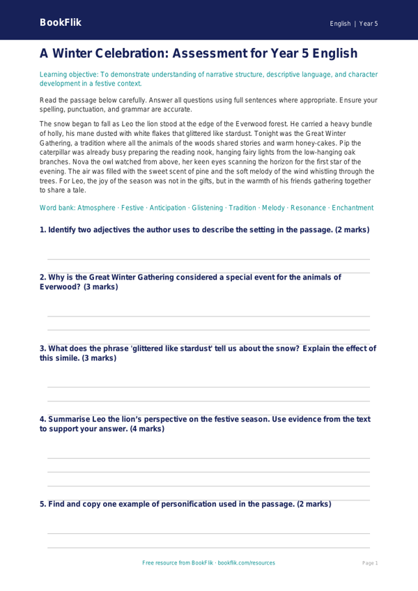 Free Christmas Story Assessment | Year 5 | English | BookFlik worksheet preview — English Christmas Story