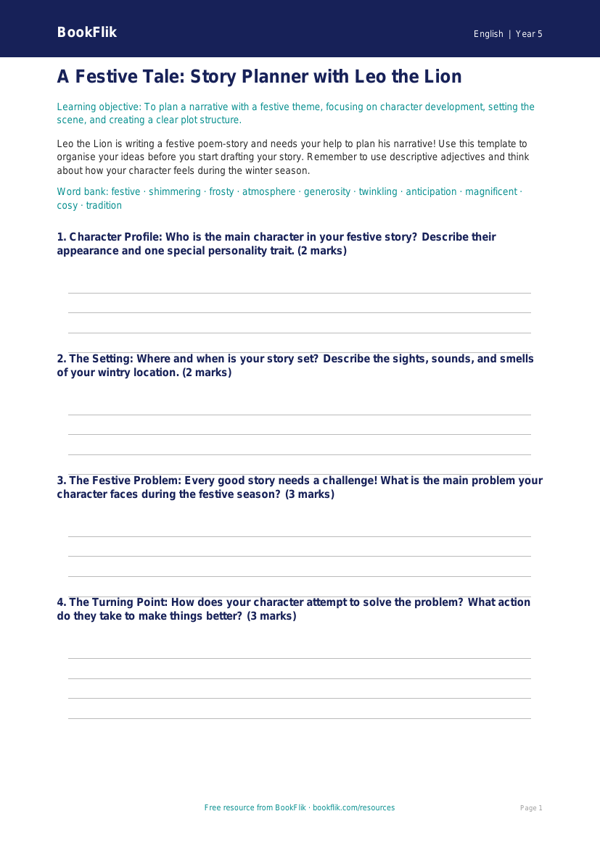 Free Christmas Story Template | Year 5 | English | BookFlik worksheet preview — English Christmas Story