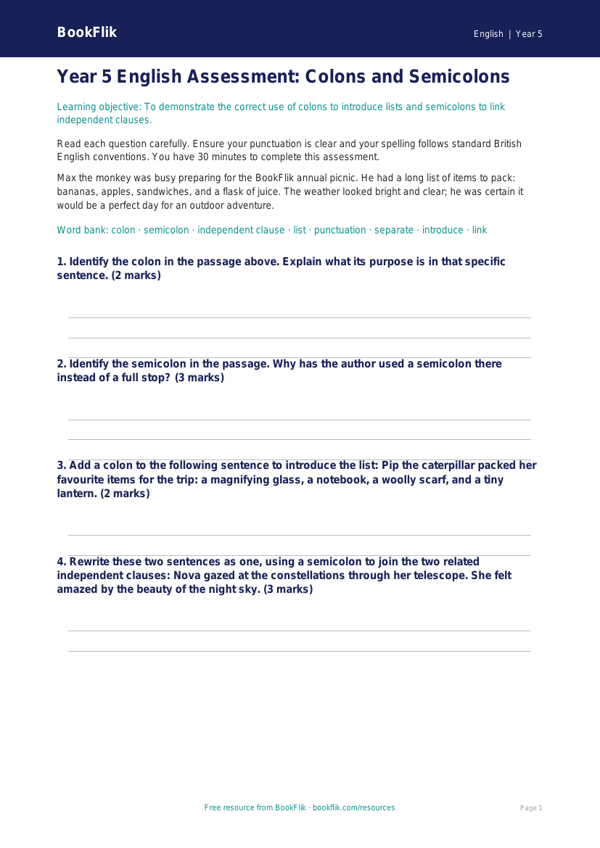 Free Colons And Semicolons Assessment | Year 5 | English | BookFlik worksheet preview — English Colons And Semicolons
