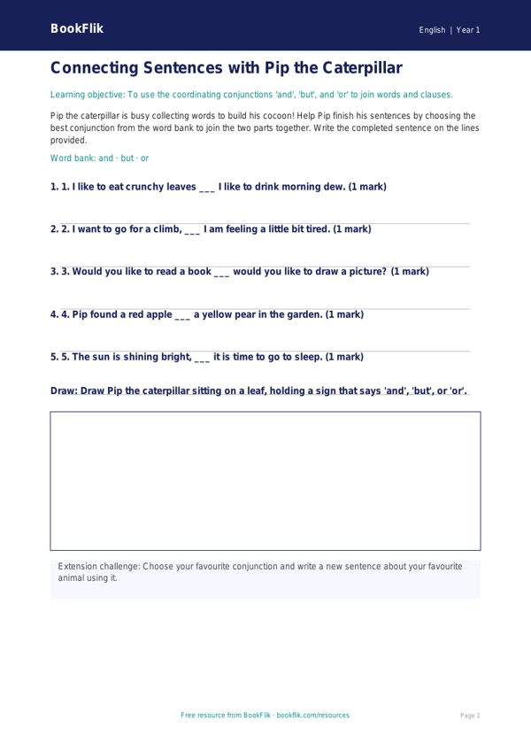 Free Conjunctions Activity Sheet | Year 1 | English | BookFlik worksheet preview — English Conjunctions