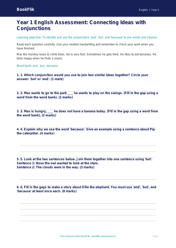 Free Conjunctions Assessment | Year 1 | English | BookFlik worksheet preview — English Conjunctions