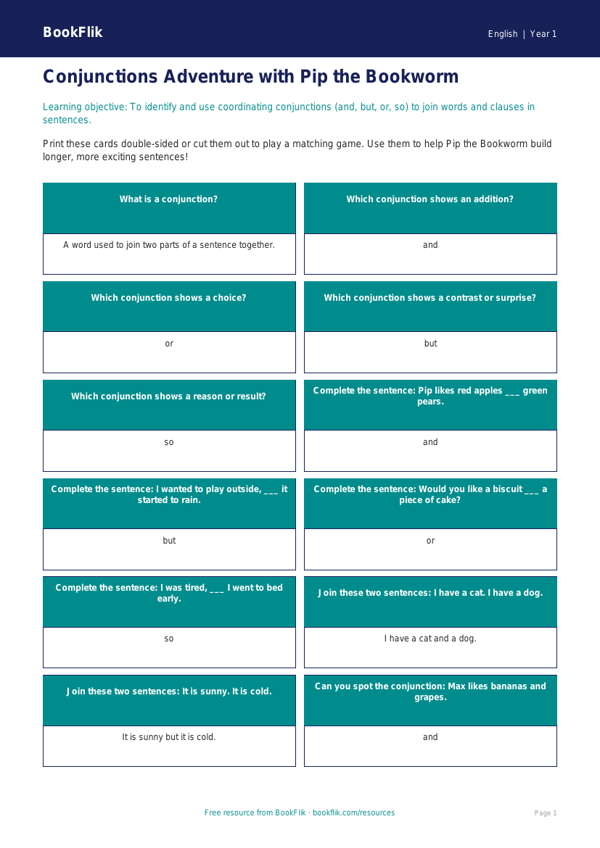Free Conjunctions Flashcards | Year 1 | English | BookFlik worksheet preview — English Conjunctions