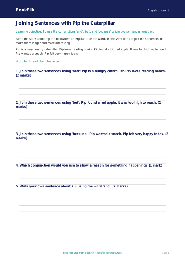 Free Conjunctions Track Sheet | Year 1 | English | BookFlik worksheet preview — English Conjunctions