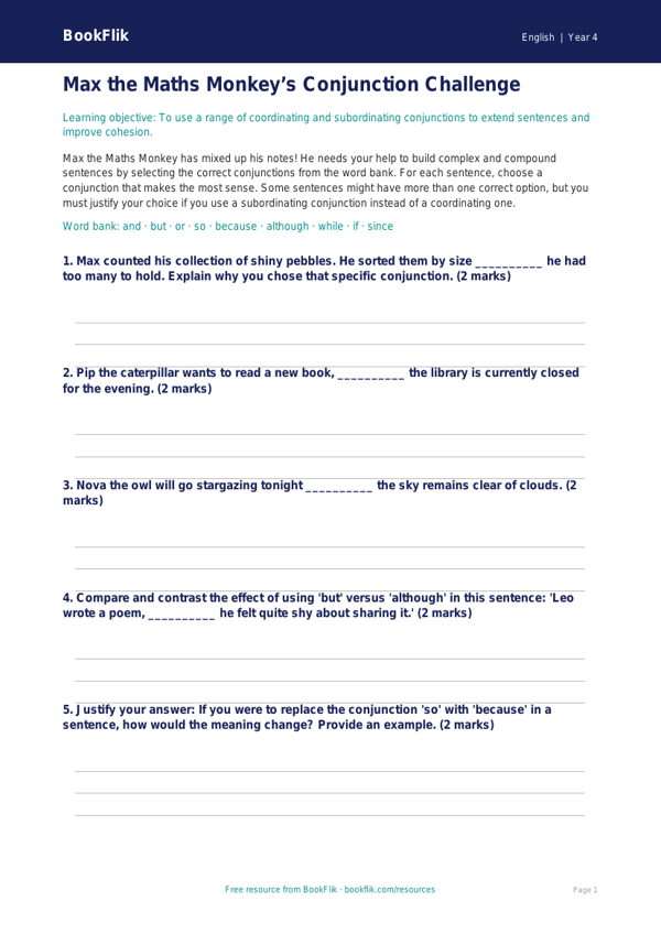Free Conjunctions Activity Sheet | Year 4 | English | BookFlik worksheet preview — English Conjunctions