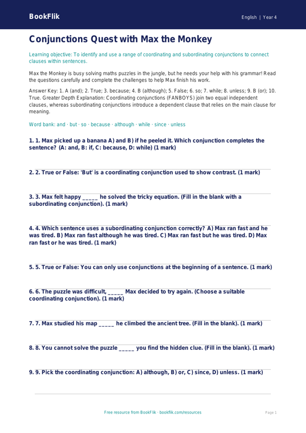 Free Conjunctions Quiz | Year 4 | English | BookFlik worksheet preview — English Conjunctions