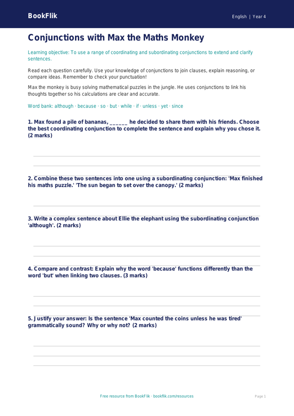 Free Conjunctions Worksheet | Year 4 | English | BookFlik worksheet preview — English Conjunctions