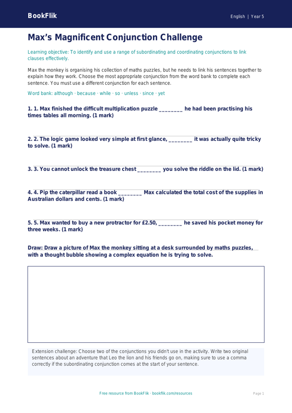 Free Conjunctions Activity Sheet | Year 5 | English | BookFlik worksheet preview — English Conjunctions