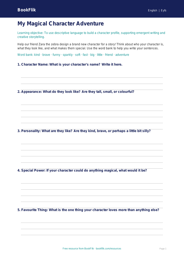 Free Creative Writing Template | Foundation | English | BookFlik worksheet preview — English Creative Writing