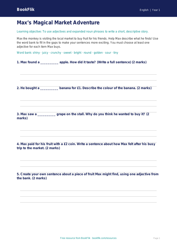 Free Creative Writing Activity Sheet | Year 1 | English | BookFlik worksheet preview — English Creative Writing