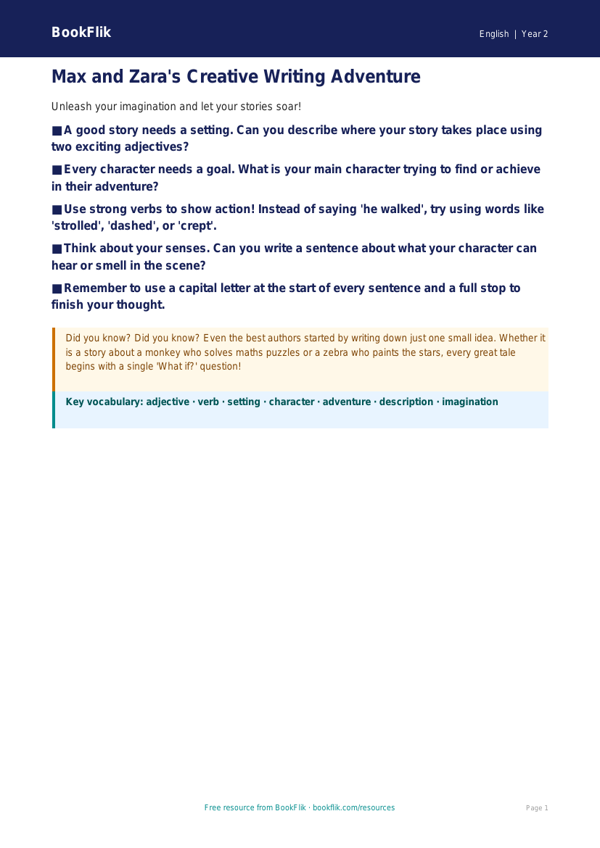 Free Creative Writing Poster | Year 2 | English | BookFlik worksheet preview — English Creative Writing