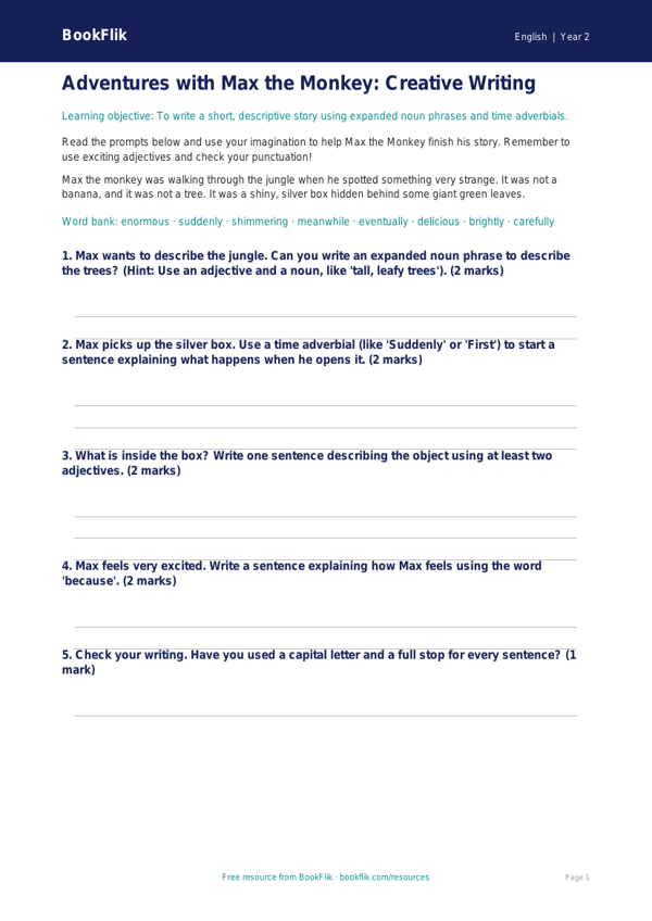 Free Creative Writing Worksheet | Year 2 | English | BookFlik worksheet preview — English Creative Writing