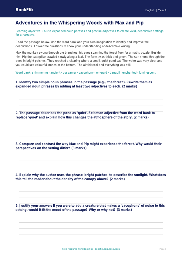 Free Creative Writing Track Sheet | Year 4 | English | BookFlik worksheet preview — English Creative Writing