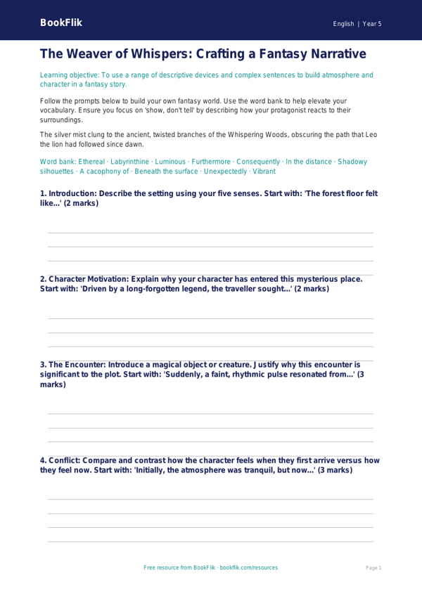 Creative Writing Writing Frame for Year 5 | Australian Curriculum | BookFlik worksheet preview — English Creative Writing