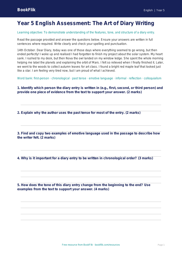 Free Diary Writing Assessment | Year 5 | English | BookFlik worksheet preview — English Diary Writing