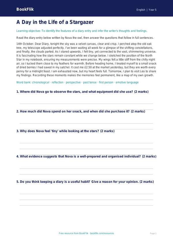 Free Diary Writing Comprehension | Year 5 | English | BookFlik worksheet preview — English Diary Writing