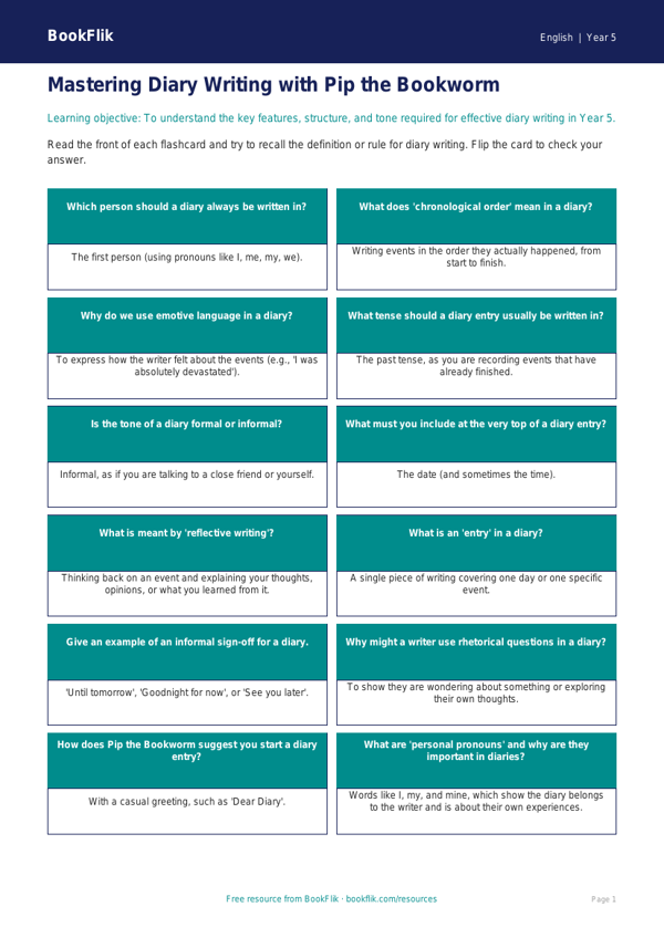 Free Diary Writing Flashcards | Year 5 | English | BookFlik worksheet preview — English Diary Writing