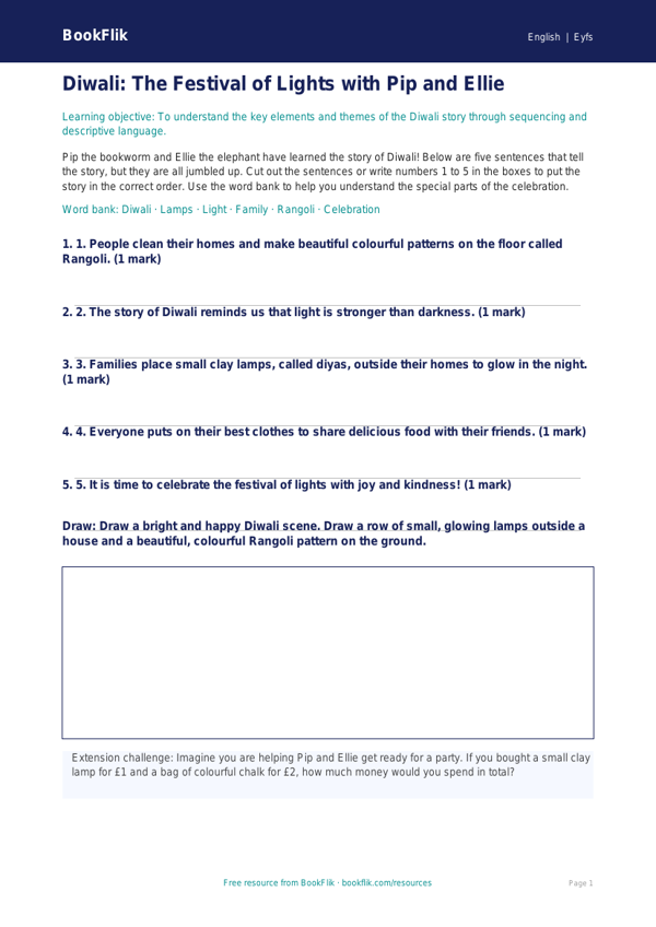 Free Diwali Story Activity Sheet | Foundation | English | BookFlik worksheet preview — English Diwali Story