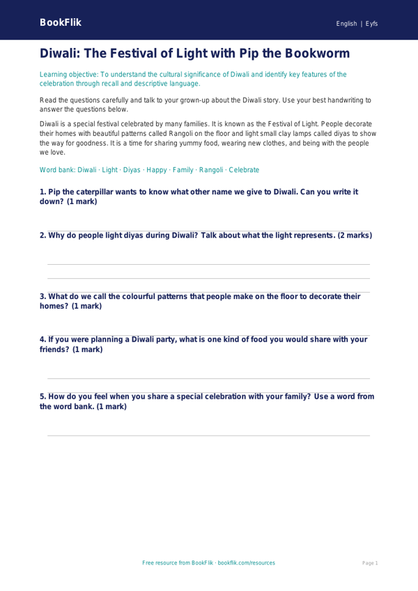 Free Diwali Story Worksheet | Foundation | English | BookFlik worksheet preview — English Diwali Story