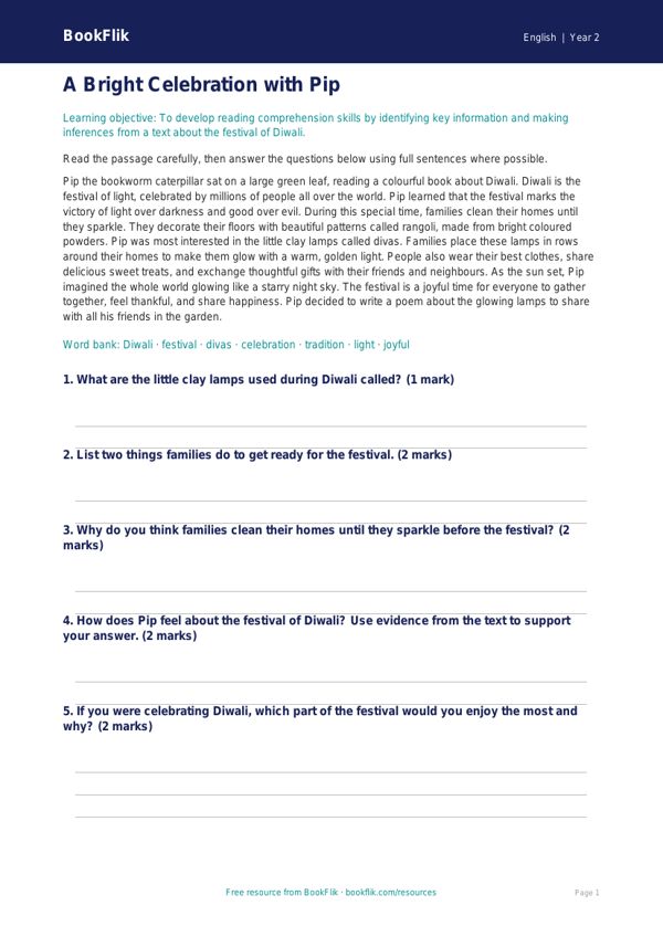 Diwali Story Comprehension Worksheet | Year 2 English | BookFlik worksheet preview — English Diwali Story