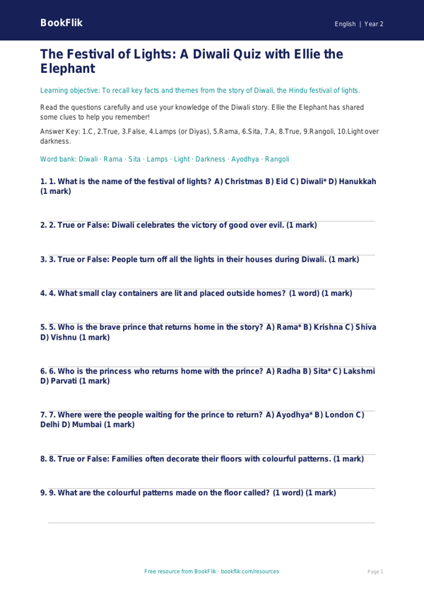 Free Diwali Story Quiz | Year 2 | English | BookFlik worksheet preview — English Diwali Story