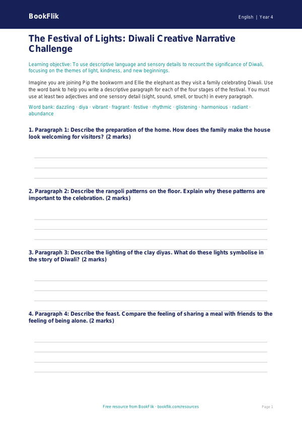 English diwali story activity sheet year 4 greater depth worksheet preview — English Diwali Story