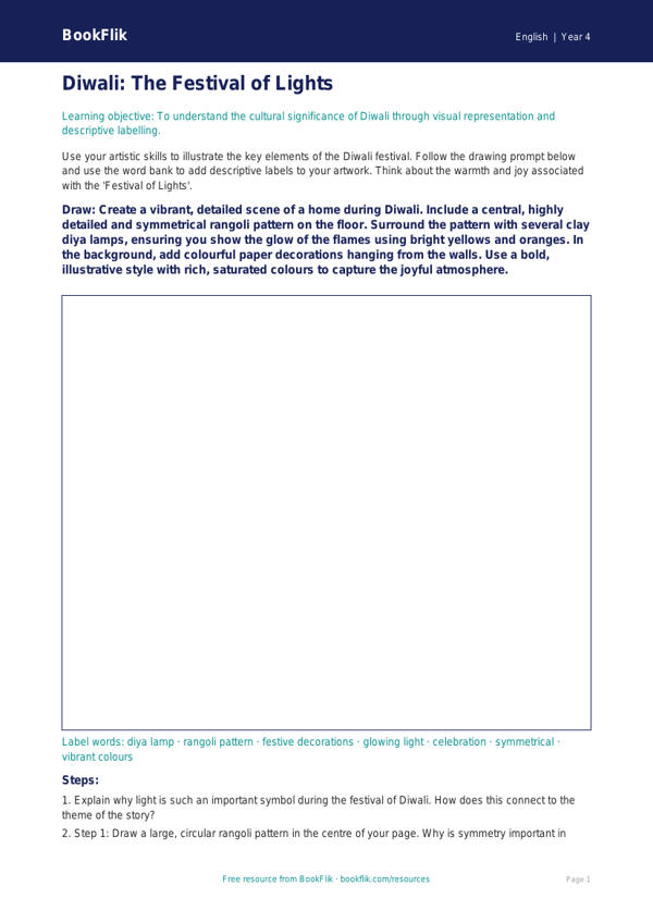 Diwali Story Drawing Sheet & Literacy Task | Year 4 | BookFlik worksheet preview — English Diwali Story