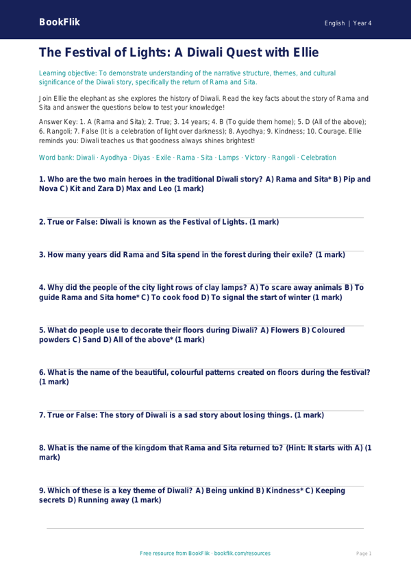 Free Diwali Story Quiz | Year 4 | English | BookFlik worksheet preview — English Diwali Story