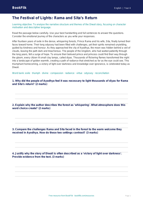 Diwali Story Track Sheet | Year 4 English Resource | BookFlik worksheet preview — English Diwali Story
