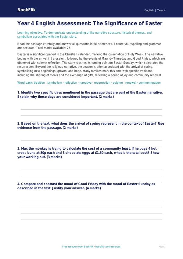 Free Easter Story Assessment | Year 4 | English | BookFlik worksheet preview — English Easter Story