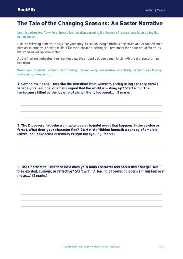 Free Easter Story Writing Frame | Year 4 | English | BookFlik worksheet preview — English Easter Story