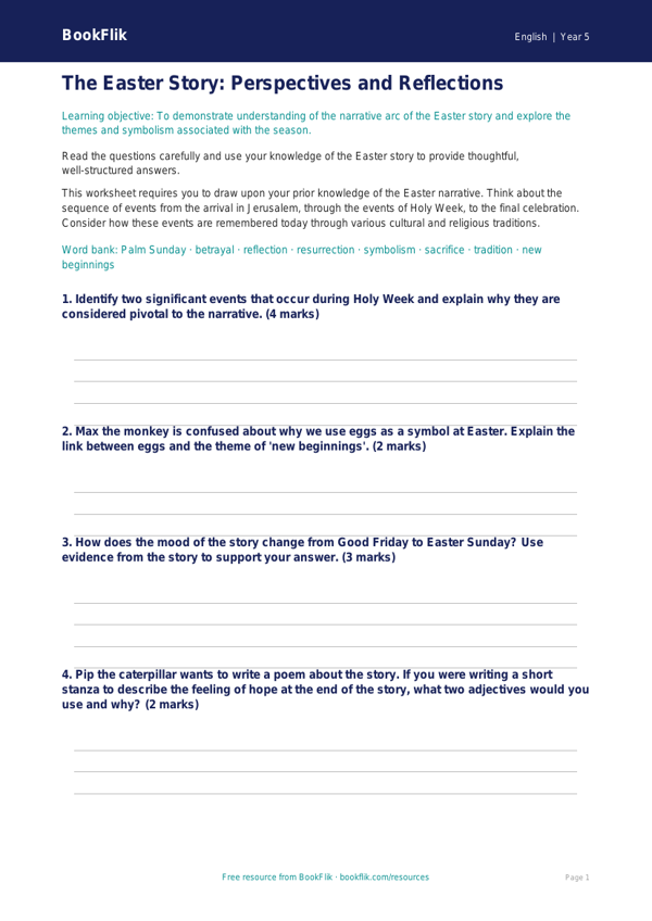 Free Easter Story Worksheet | Year 5 | English | BookFlik worksheet preview — English Easter Story