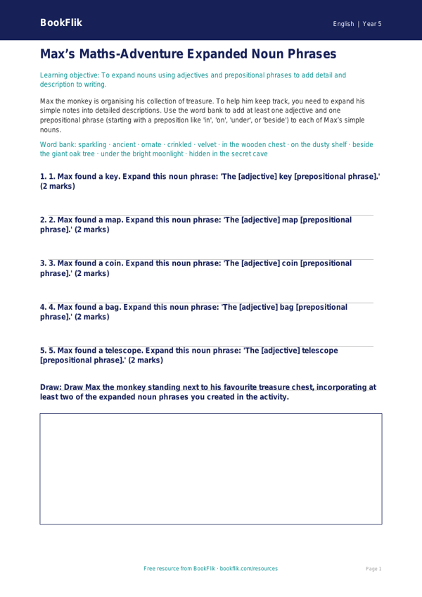 Free Expanded Noun Phrases Activity Sheet | Year 5 | English | BookFlik worksheet preview — English Expanded Noun Phrases