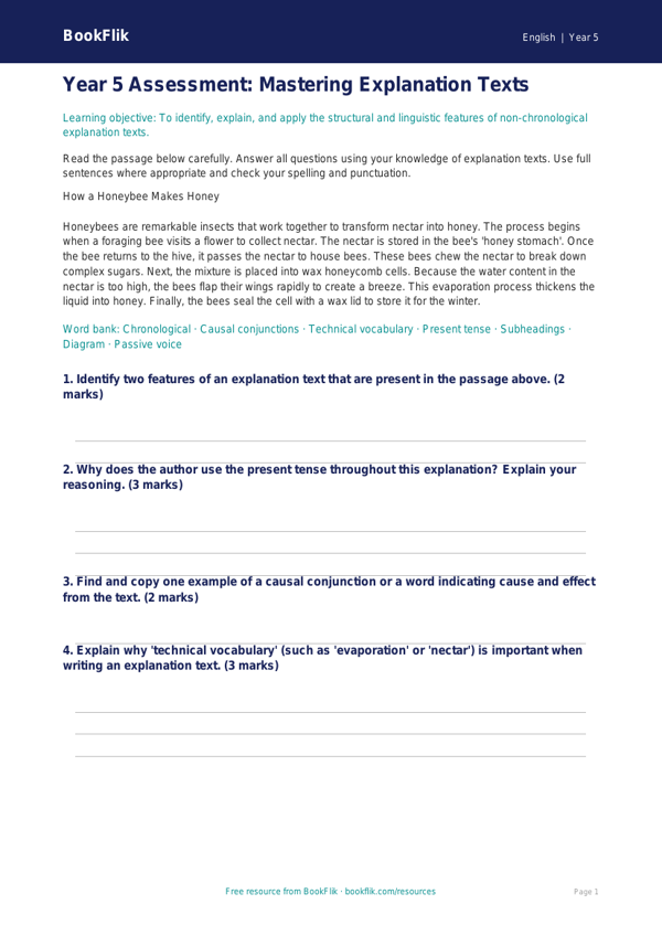 Free Explanation Texts Assessment | Year 5 | English | BookFlik worksheet preview — English Explanation Texts