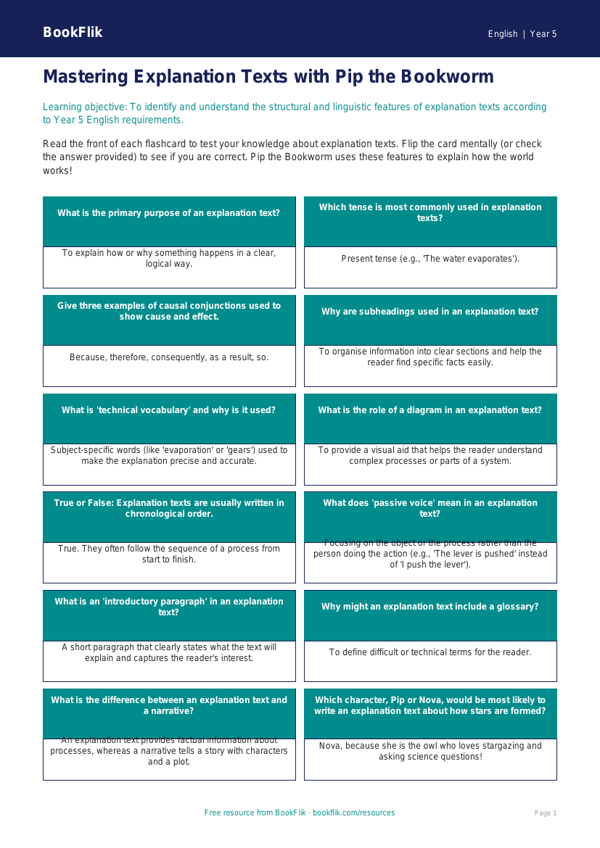 Free Explanation Texts Flashcards | Year 5 | English | BookFlik worksheet preview — English Explanation Texts